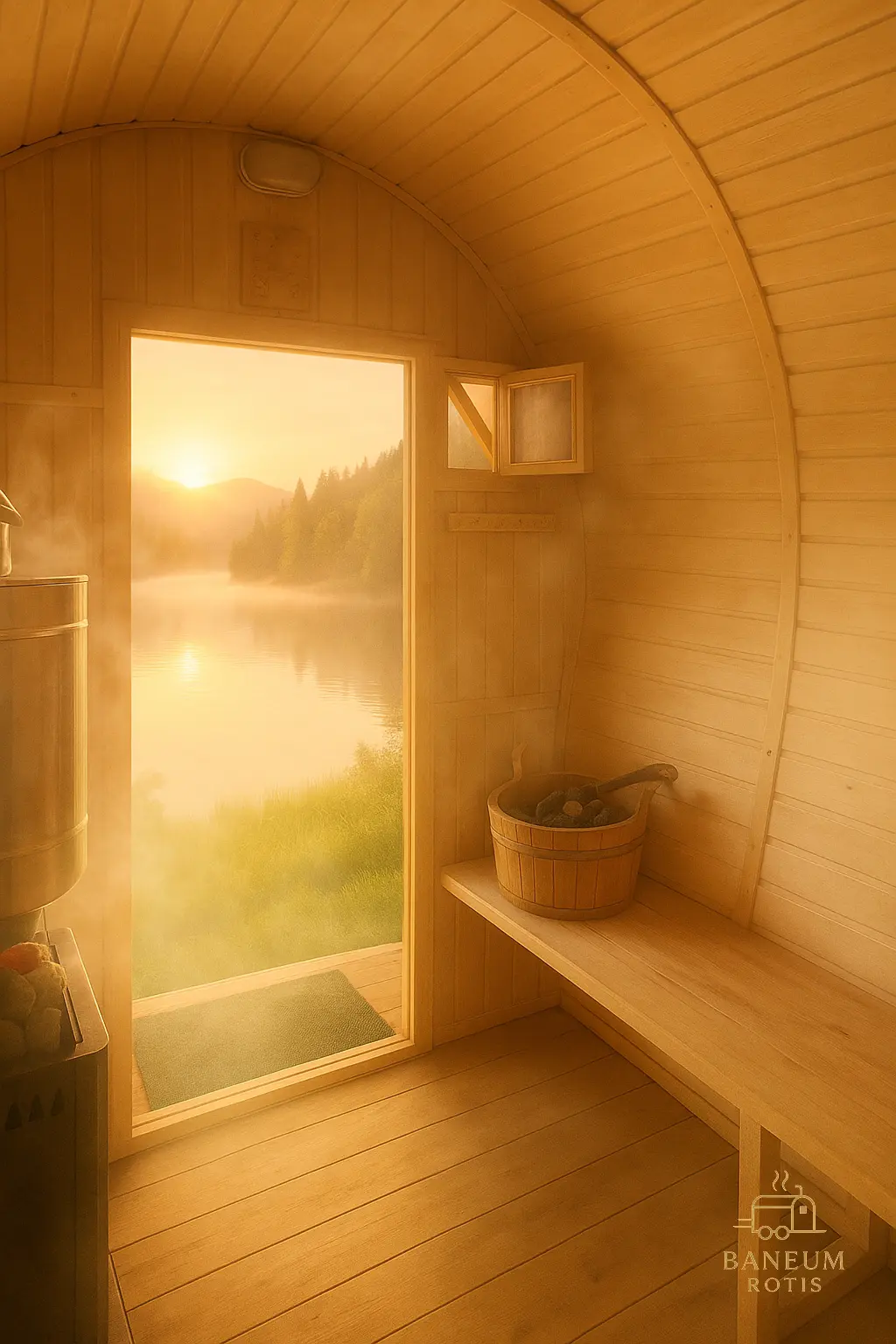 Деревянные полки в парной — вид изнутри с паром