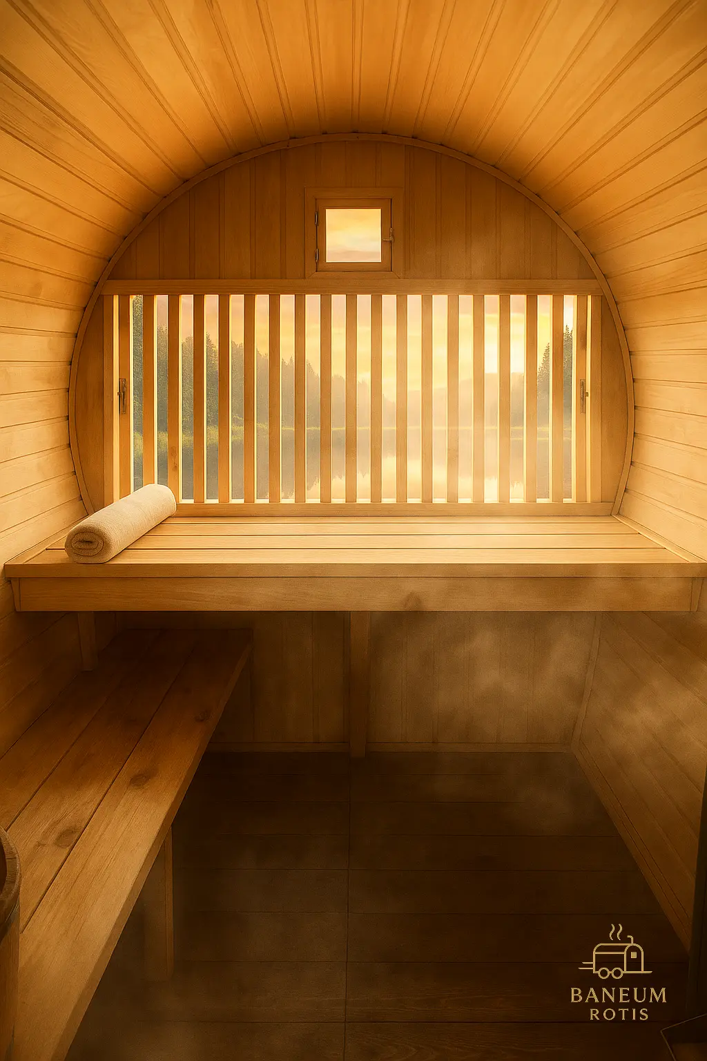 Интерьер бани — деревянная парная с панорамным видом на природу